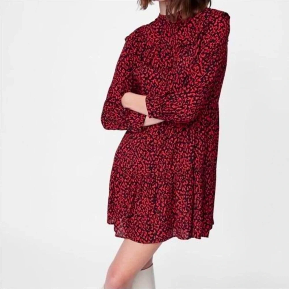 NWOT Zara Red and Black Leopard Animal Print Ruffle Neck Dress
